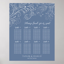 Hochzeitskarte für duftige blaue Flora mit 8 Tisch Poster