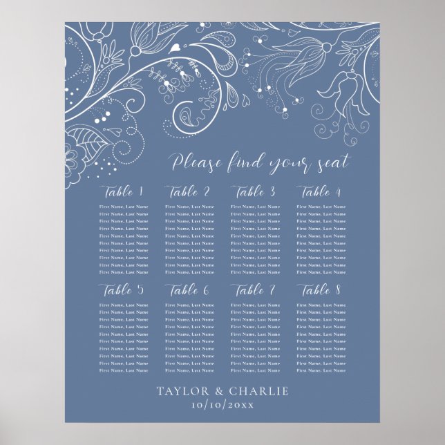 Hochzeitskarte für duftige blaue Flora mit 8 Tisch Poster (Vorne)