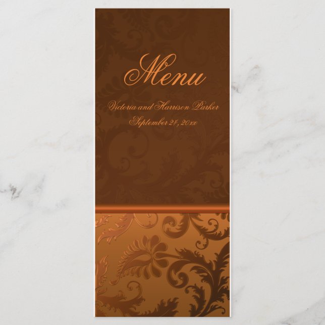 Hochzeitskarte für Kupfer und braune Damaskus Menükarte (Vorderseite)
