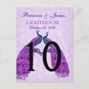 Hochzeitskarte für lila Peacocks-Tischnummern Postkarte