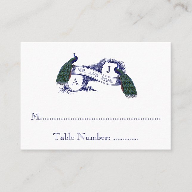 Hochzeitskarte für Navy Blue, Aquamarin Peacock Platzkarte (Vorderseite)
