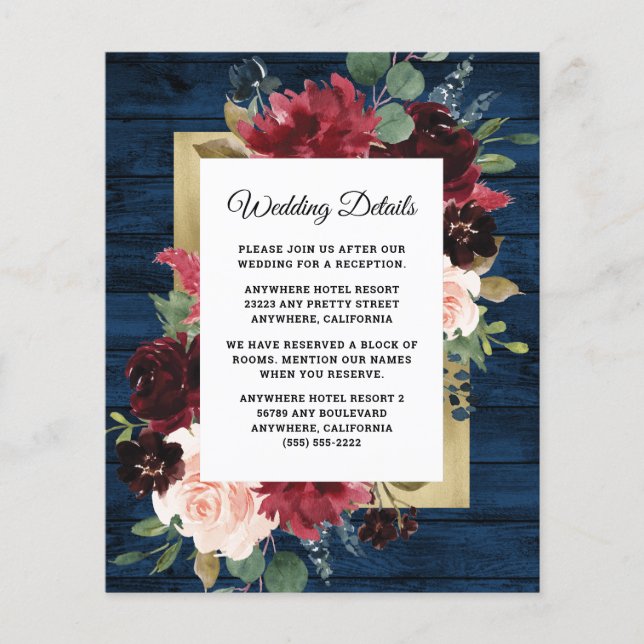 Hochzeitskarte für Navy Blue Burgundy Blush (Vorderseite)