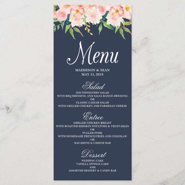 Hochzeitskarte für Navy und Blush Floral Menükarte (Vorderseite)
