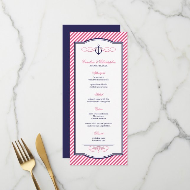 Hochzeitskarte für Navy und Pink Nautical Anchor Menükarte (Vorderseite/Rückseite Beispiel)