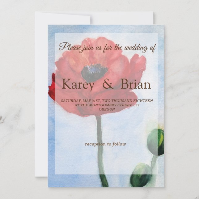 Hochzeitskarte für Red Poppy Watercolor Einladung (Vorderseite)