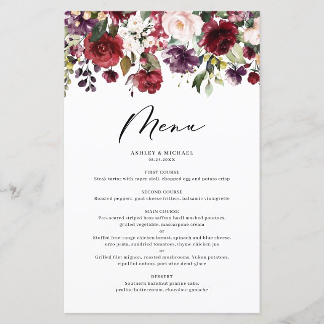 Hochzeitskarte für Rote und Lila Herbstflora (Vorderseite)