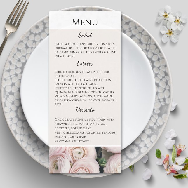 Hochzeitskarte Menükarte (Modern blush pink flower easy to read menu. Creamy background with crispy white details. )