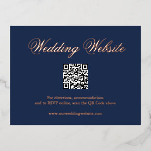 Hochzeitskarte Navy Blue Rose Gold QR Code Folie Einladungspostkarte