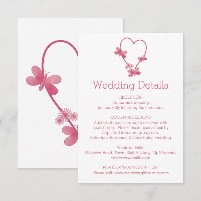 Hochzeitskarte Pink Heart Butterfly Begleitkarte (Vorne/Hinten)