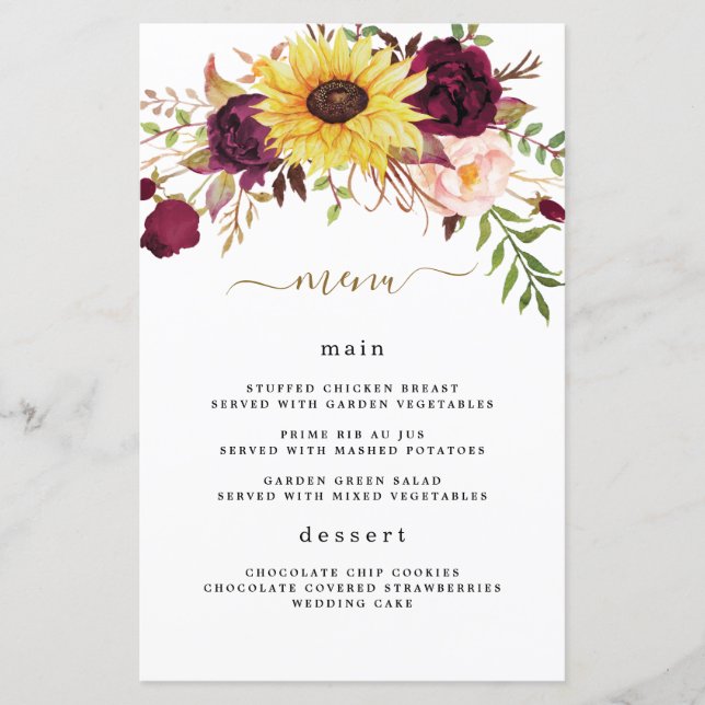 Hochzeitskarte Sonnenblume Burgundy Red Blush (Vorderseite)