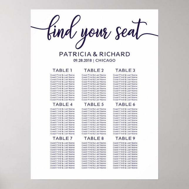 Hochzeitskarte Tafel Chic Navy Blau Poster (Vorne)