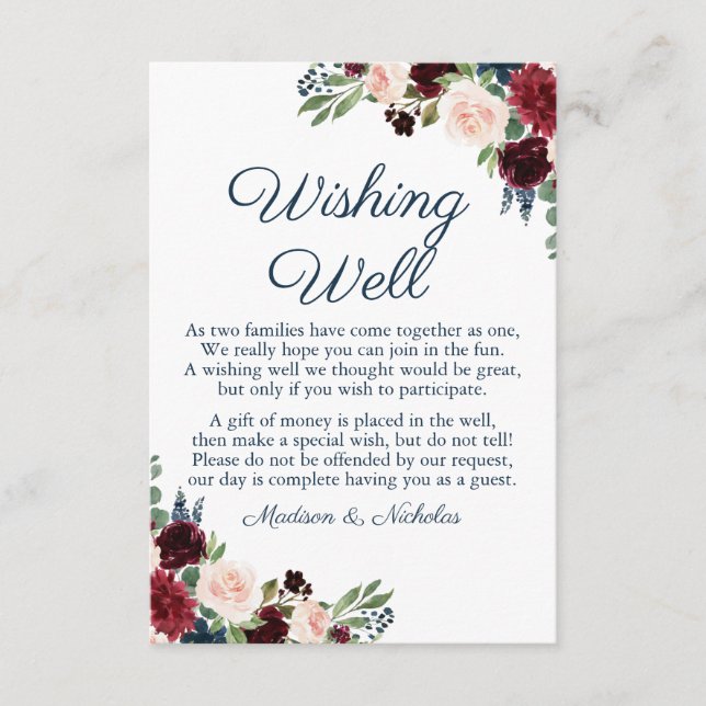 Hochzeitskarten der Marine und der Marsala Floral Begleitkarte (Vorderseite)