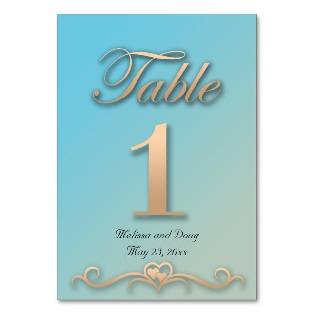 Hochzeitskarten für Aquamarine und Peach Tischnummer (Vorderseite)