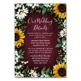 Hochzeitskarten für Burgund Red Sunflower Tischnummer