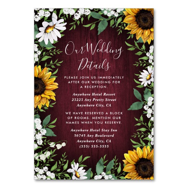 Hochzeitskarten für Burgund Red Sunflower Tischnummer (Vorderseite)