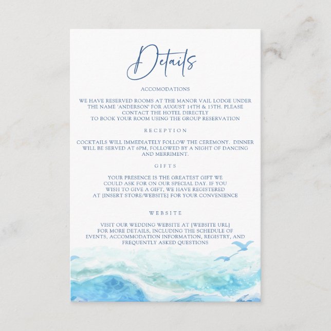 Hochzeitskarten für den blauen Ozean Begleitkarte (Vorderseite)