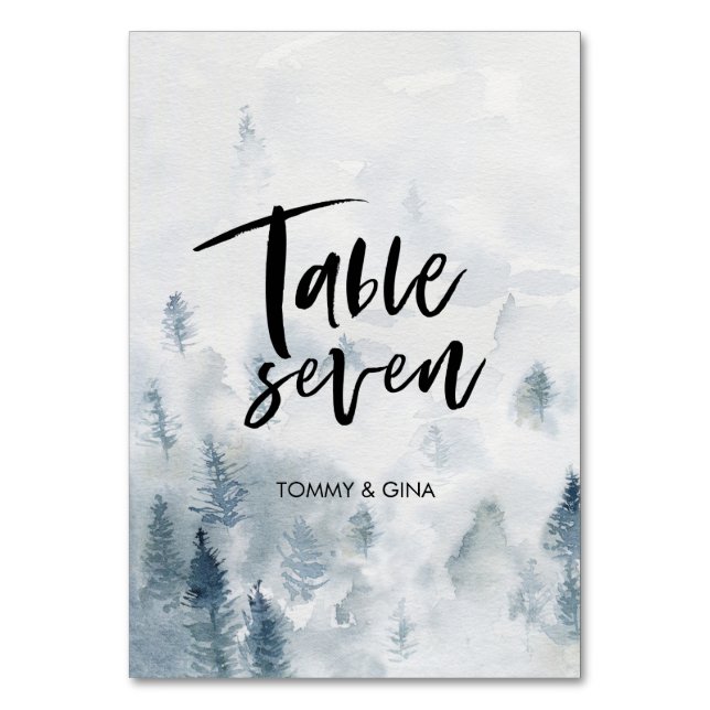 Hochzeitskarten für den Wasserfarbenwald - Tabelle Tischnummer (Vorderseite)