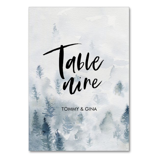 Hochzeitskarten für den Wasserfarbenwald - Tabelle Tischnummer (Vorderseite)