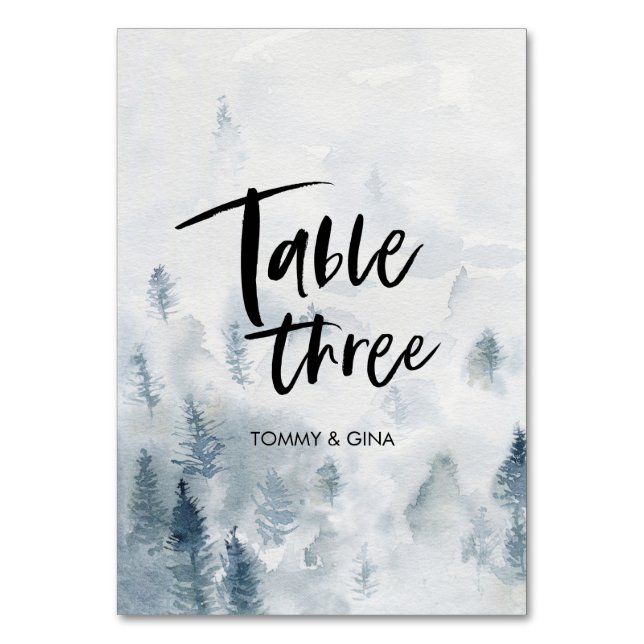 Hochzeitskarten für den Wasserfarbenwald - Tabelle Tischnummer (Vorderseite)