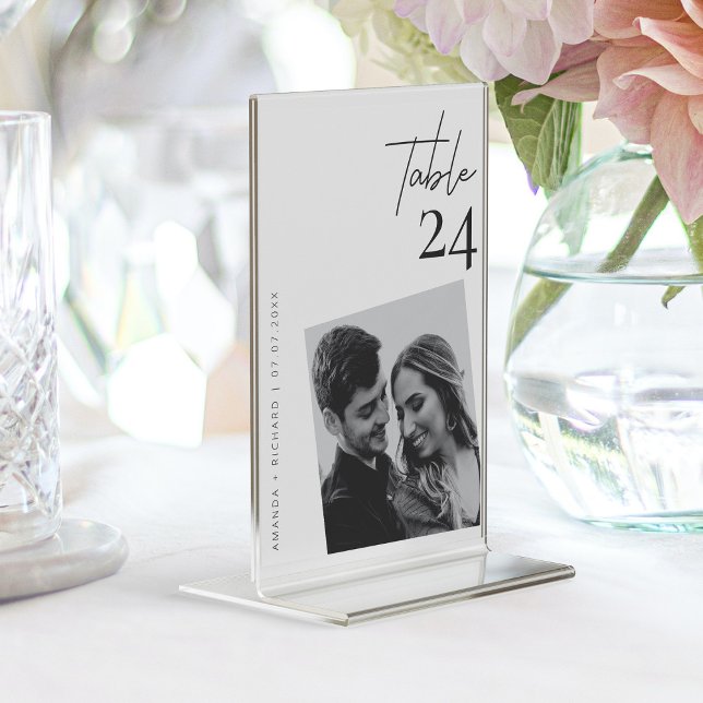 Hochzeitskarten für Foto-Hochzeiten-Tischnummer Tischnummer (Elegant White Wedding Modern Romance Photo Table Number)