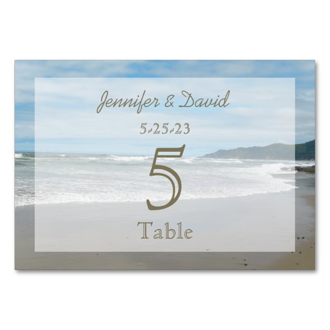 Hochzeitskarten für Hochzeiten am Strand Tischnummer (Vorderseite)