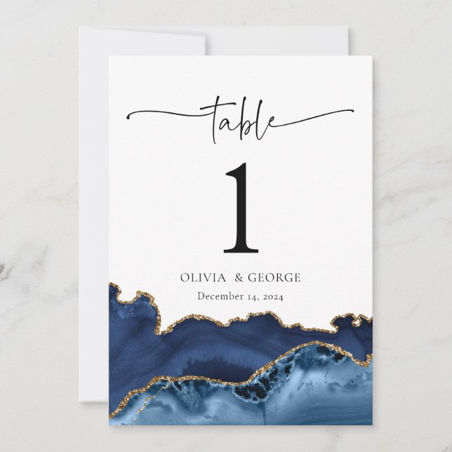 Hochzeitskarten für Navy Blue Gold Agate Tischnumm Einladung (Vorderseite)