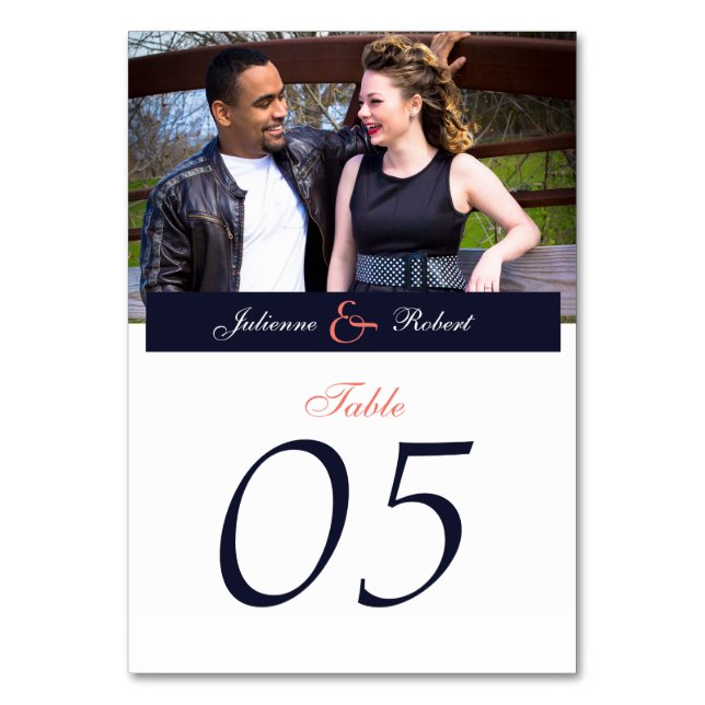 Hochzeitskarten für Navy Blue und Coral Foto Tischnummer (Vorderseite)
