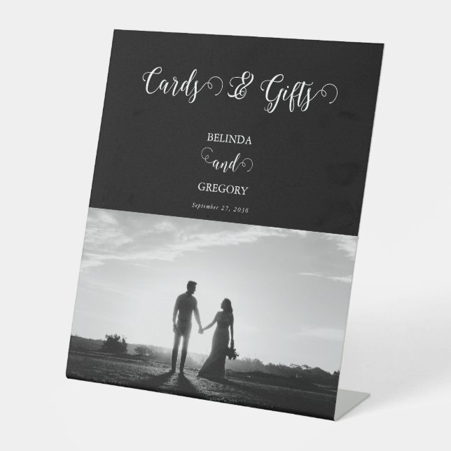 Hochzeitskarten für Schwarz-Weiß-Script-Foto Sockelschild (Vorderseite)