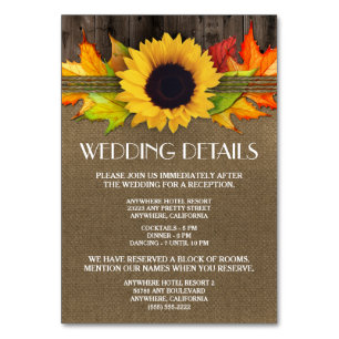 Hochzeitskarten für Sonnenblumen Tischnummer