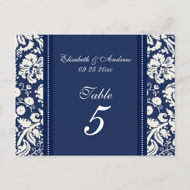 Hochzeitskarten für Tischnummer Blue Damask (Vorderseite)
