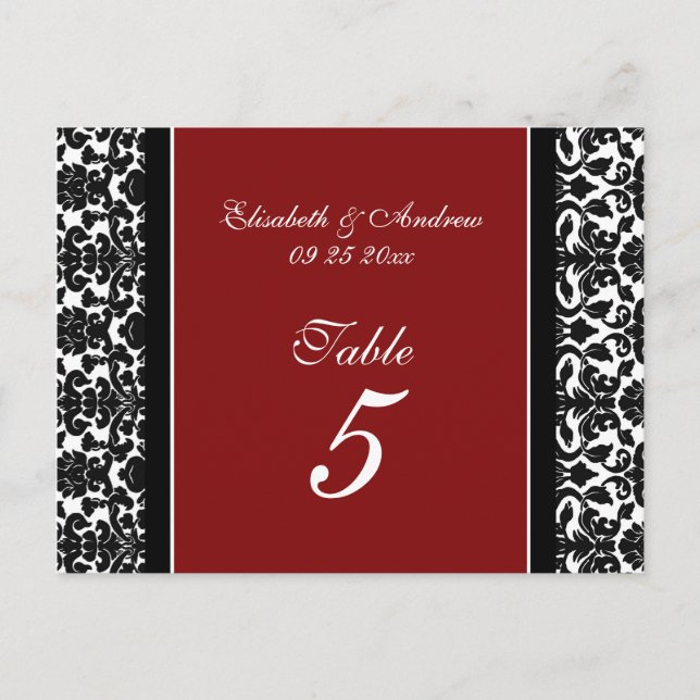 Hochzeitskarten für Tischnummer Red Damask (Vorderseite)