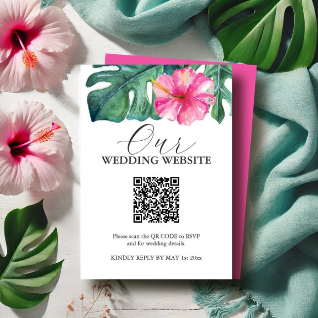 Hochzeitskarten für tropische Hibisken Blume Begleitkarte (Wedding details insert card watercolor tropical art by Victoria Grigaliunas of Do Tell A Belle)