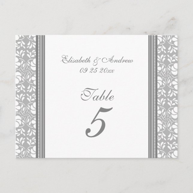 Hochzeitskarten Grau Damask Tischnummer (Vorderseite)