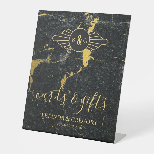 Hochzeitskarten und Geschenke aus schwarzem Gold Sockelschild (Vorderseite)