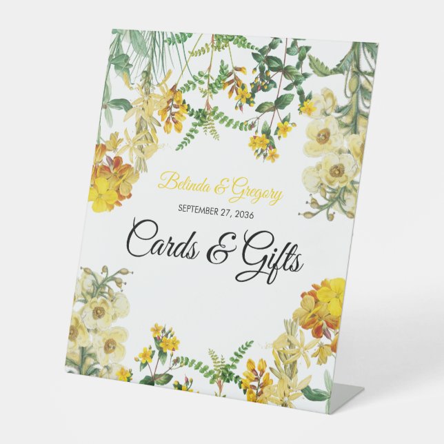 Hochzeitskarten und Geschenke mit gelber Wasserfar Sockelschild (Vorderseite)