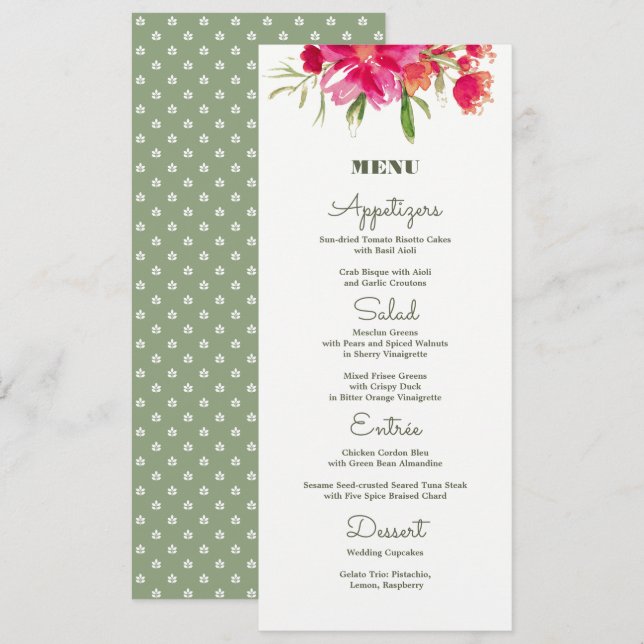 Hochzeitskarten von Fuchsia Green Floral Watercolo Menükarte (Vorne/Hinten)