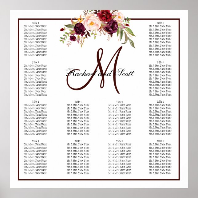 Hochzeitskartentafel für Burgund-Floral Poster (Vorne)
