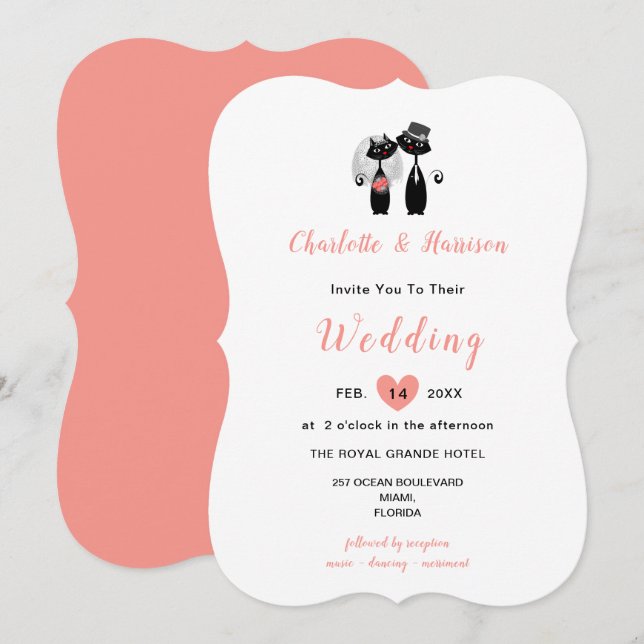 Hochzeitskatzen Elegante Schwarz-weiße Korallen Ni Einladung (Vorne/Hinten)