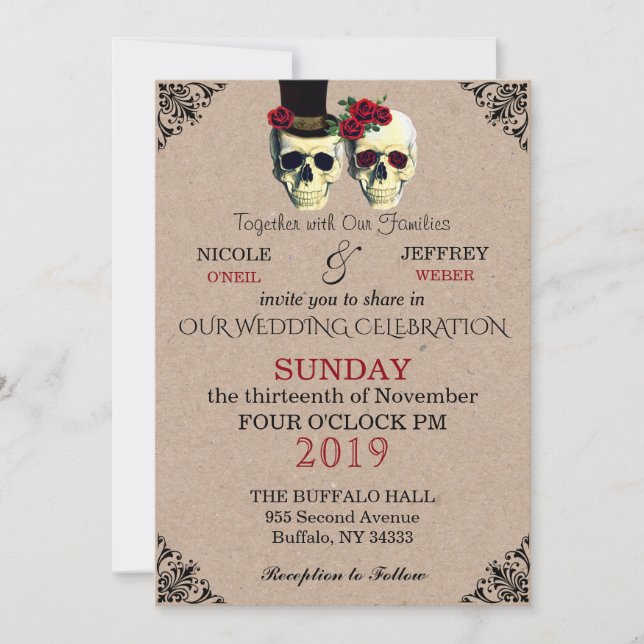 Hochzeitskeleton Skulls Retro Einladung (Vorderseite)