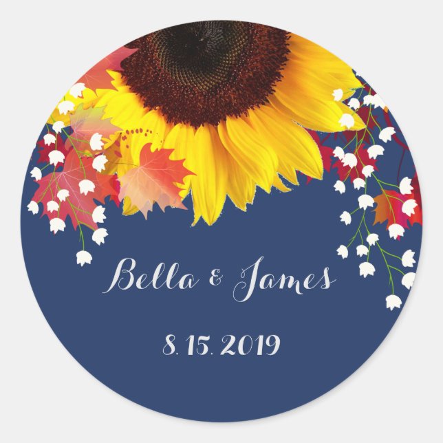 Hochzeitskleber für Navy Blue Sunflower Runder Aufkleber (Vorderseite)