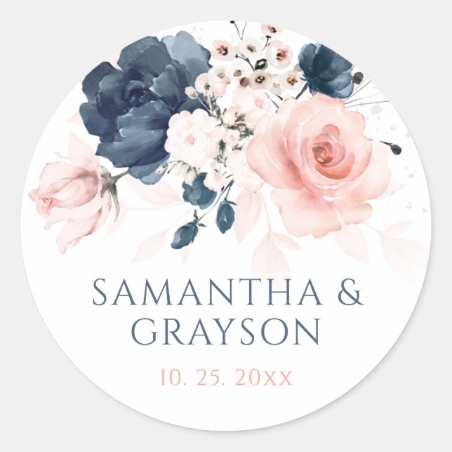Hochzeitskleber für Navy Blue und Blush Pink Runder Aufkleber (Vorderseite)