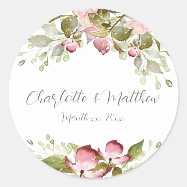 Hochzeitskleber Wasserfarbe Rosa Rosen Runder Aufkleber (Vorderseite)