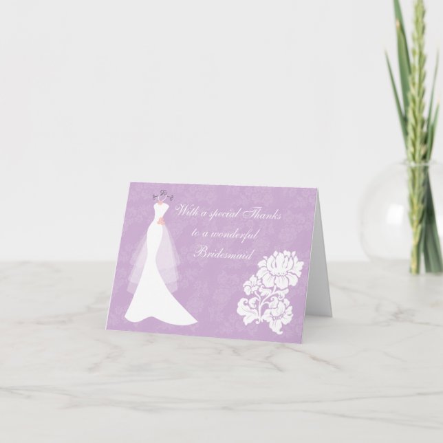 Hochzeitskleid auf lila Danke Bridesmaid-Karte (Vorderseite)