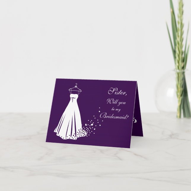 Hochzeitskleid auf violettem Sister Bridesmaid Kar Einladung (Vorderseite)