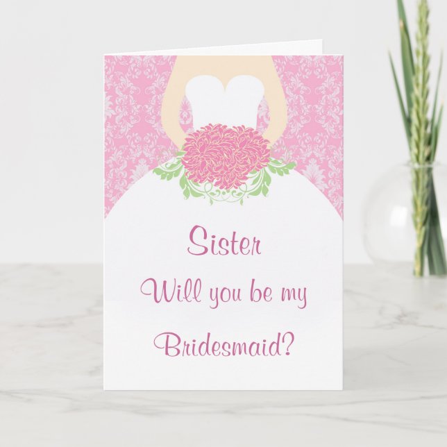 Hochzeitskleid, Blume, rosa Damast Brautjungfrau Einladung (Vorderseite)