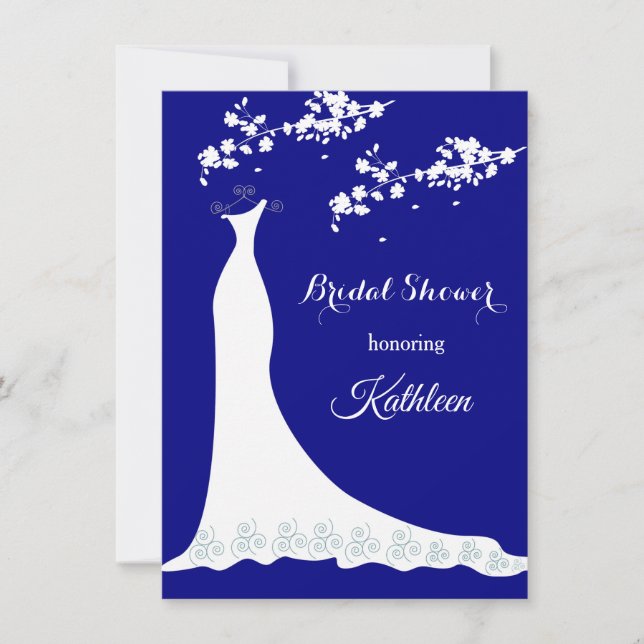 Hochzeitskleid, Blüte auf Marineblau, Brautparty Einladung (Vorderseite)