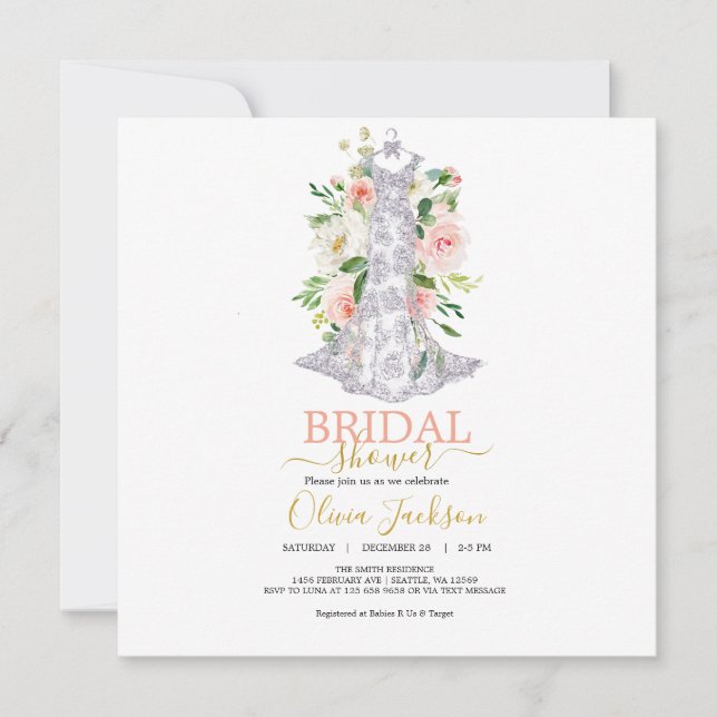 Hochzeitskleid Brautdusche Einladung (Vorderseite)