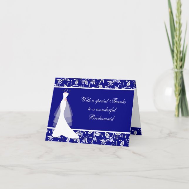 Hochzeitskleid, Damaske auf königsblau Danke Karte (Vorderseite)