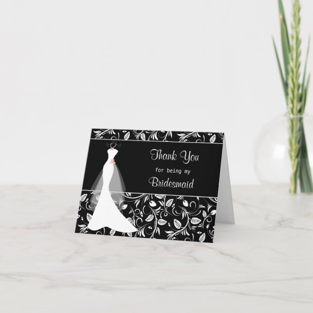 Hochzeitskleid, Damaske auf schwarz Danke Karte (Vorderseite)