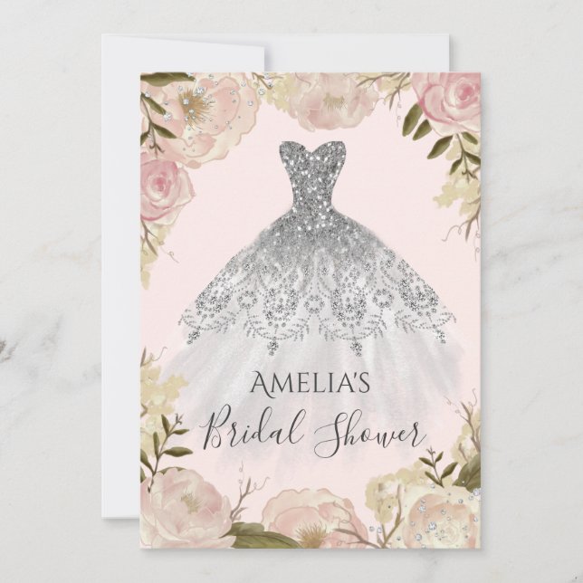 Hochzeitskleid florale Rose Brautparty laden Einladung (Vorderseite)